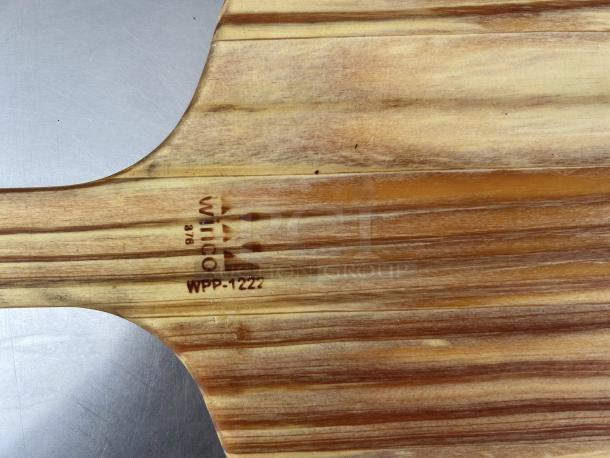 Winco WPP-1222 12" wooden pizza peel with rectangular blade, excellent condition, Winco and model markings visible.
