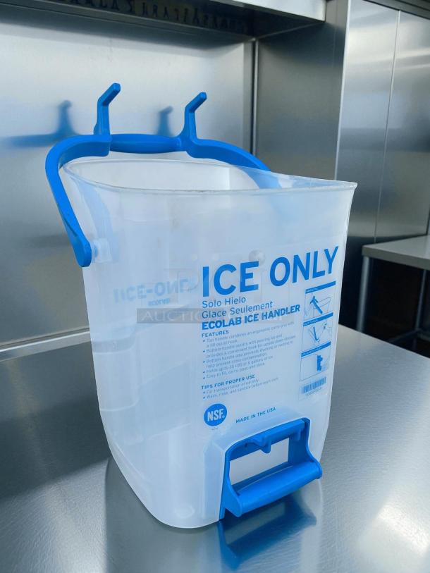 Ecolab 92681002 Ice Handler in excellent condition, clear with blue handles, labeled "ICE ONLY," features ergonomic design.