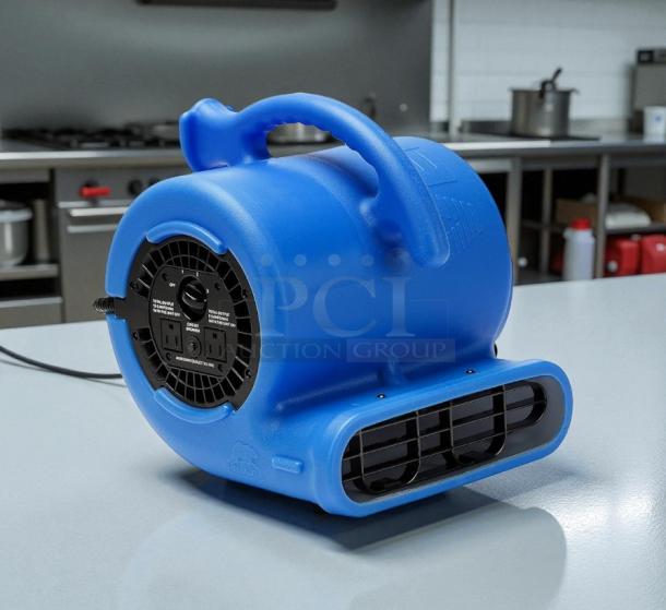 B-Air 1/4 HP air mover blower fan in blue, model 13.8 in, for restoration use, original packaging, excellent condition.