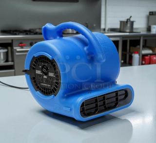 B-Air 1/4 HP air mover blower fan in blue, model 13.8 in, for restoration use, original packaging, excellent condition.