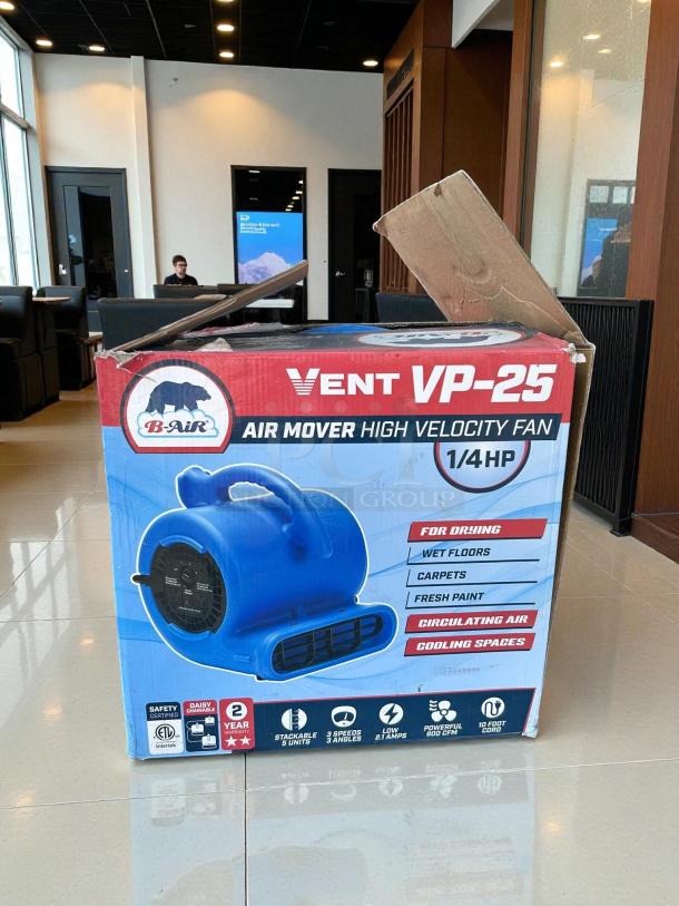 B-Air 1/4 HP Air Mover Blower Fan, Model VP-25, in original packaging for water damage restoration. Blue, 13.8 in.