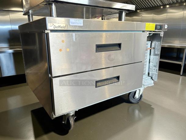 Delfield F2936CP Chef Base with 2 drawers, stainless steel, on casters, excellent condition, 115v, tested and working.