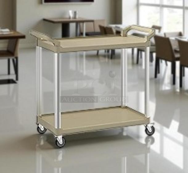 Brand new Choice beige utility cart, model 109cartbs2bg, with two shelves and packaging. Durable plastic with metal frame.