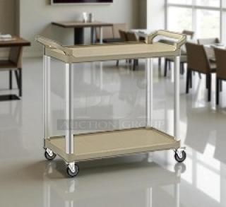 Brand new Choice beige utility cart, model 109cartbs2bg, with two shelves and packaging. Durable plastic with metal frame.