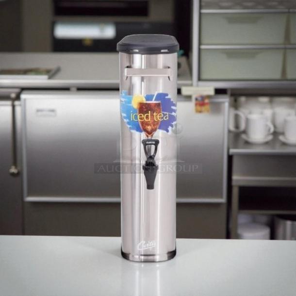 Curtis TCN 3.5 Gallon Stainless Steel Iced Tea Dispenser; narrow design, tested and working, labeled for iced tea.