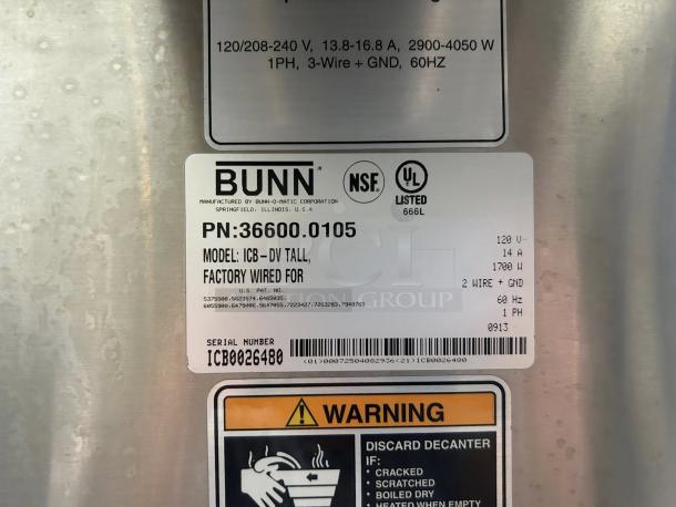 Bunn BrewWISE ICB-DV Dual Voltage Coffee Brewer, Model ICB-DV Tall. Stainless steel. Tested and working. Factory wired. Serial IC8026480.