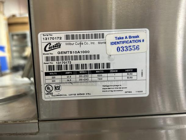Curtis GEMTS10A1000 G3 Gemini Twin Coffee Brewer in great condition, tested and working, identification tag and specs visible.