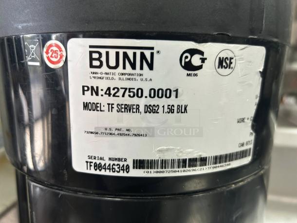 BUNN ThermoFresh Digital Sight Gauge Portable Server, model 42700.0051, 1Gal capacity, tag shows PN: 42750.0001, tested/working.