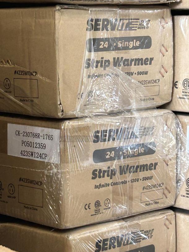 Brand new Servite 24" strip warmer, model 423SW124CP, with adjustable infinite controls and cord. In original packaging.