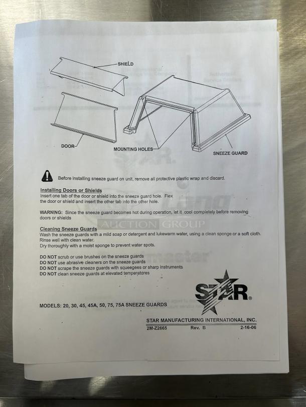 Star 45SG-1D single door hot dog roller sneeze guard, brand new with assembly instructions, shows maintenance tips.