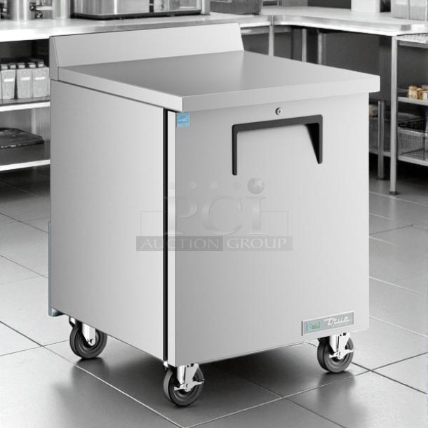 True® TWT-27-HC stainless steel worktop refrigerator, 6.5 CF, 2 shelves, great condition, tested, with visible brand label.
