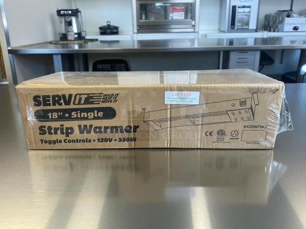 Brand new ServIt SWI-18CPMT 18" strip warmer in original packaging, 120V, 350W, adjustable controls and legs, lot #169.