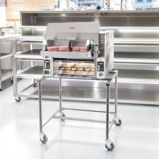 Brand new Nieco JF93E electric dual belt broiler with BroilVection® Technology on a wheeled stand, 208V/3Ph.