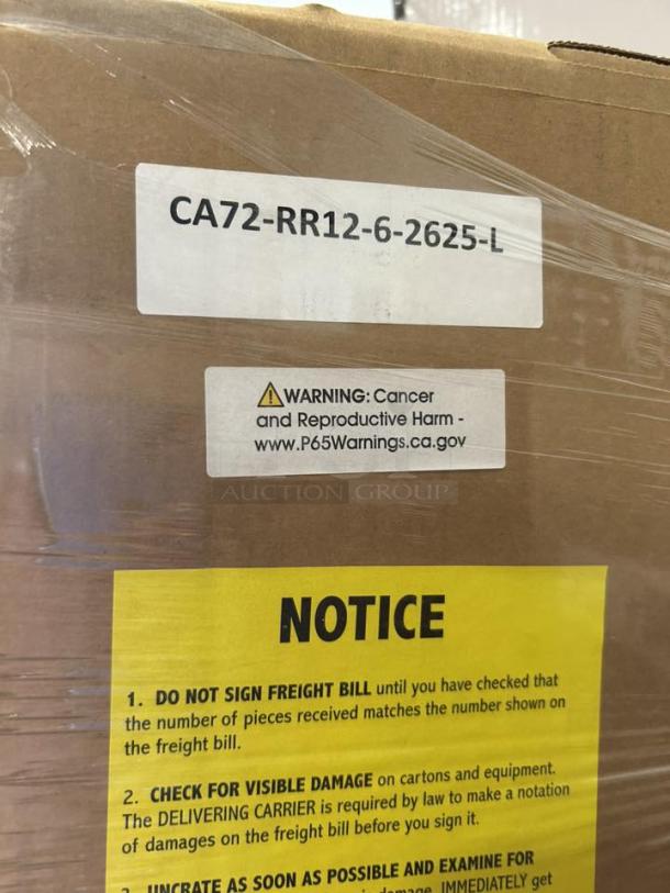 Unopened crate of Lockwood CA72-RR12-6 full-height display cabinet, with labels showing model and safety warnings.