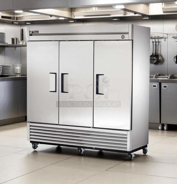 True T-72-HC 78-inch 3-door reach-in refrigerator, stainless steel, tested, working condition, solid doors, on casters.