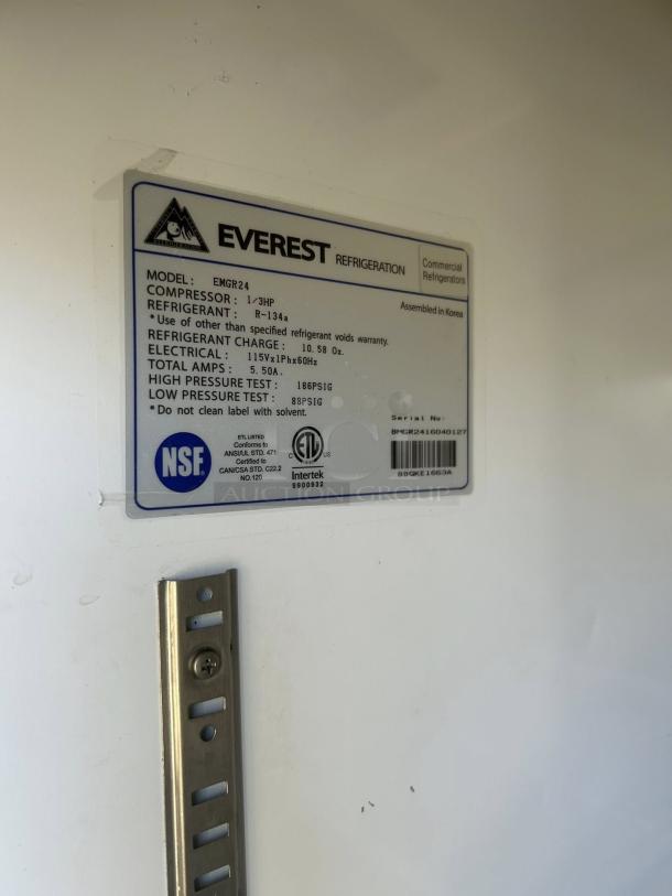 Everest EMGR24 refrigerator label, model EMGR24, 115V, indicating specs like compressor 1/3HP, refrigerant R-134a.
