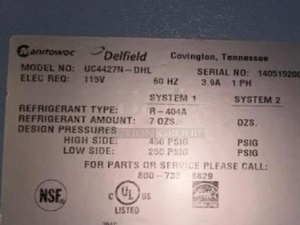 Delfield UC4427N-DHL undercounter refrigerator label, 115V, NSF and UL listed, refrigerant type R-404A, Covington, Tennessee.