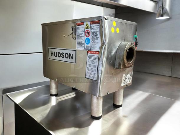 Alt text: Pro-Cut KG-22W meat grinder in superb condition, labeled "Hudson." Features stainless steel body, tested and working, 1 HP, 115V.