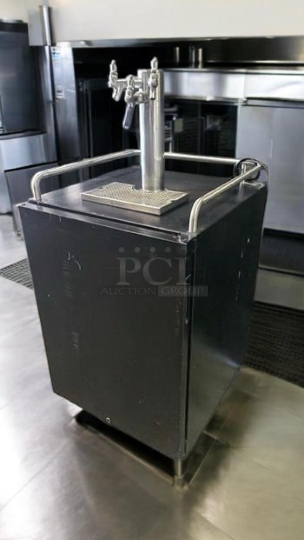 EdgeStar BR7001BL kegerator, superb condition, triple tap dispenser, black exterior, stainless steel railings, 115V, fully tested.