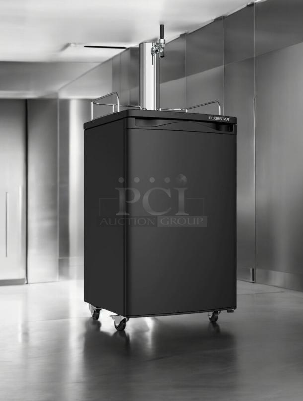 EdgeStar BR7001BL Kegerator, superb condition, triple tap draft dispenser, 115V, fully tested, on caster wheels.