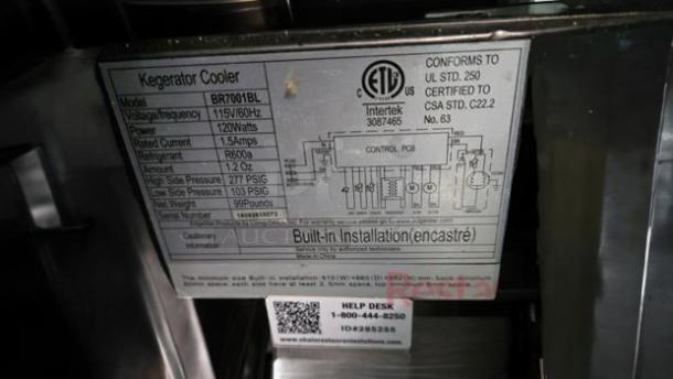 EdgeStar BR7001BL kegerator label showing model, voltage, power specs, refrigerant type, and certification details.