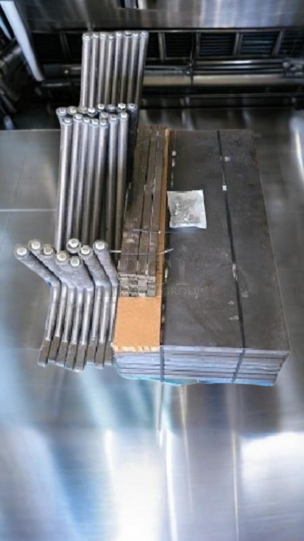 Lot of 8 disassembled rectangular metal patio tables, brown finish, commercial-grade, ready for setup, good condition.