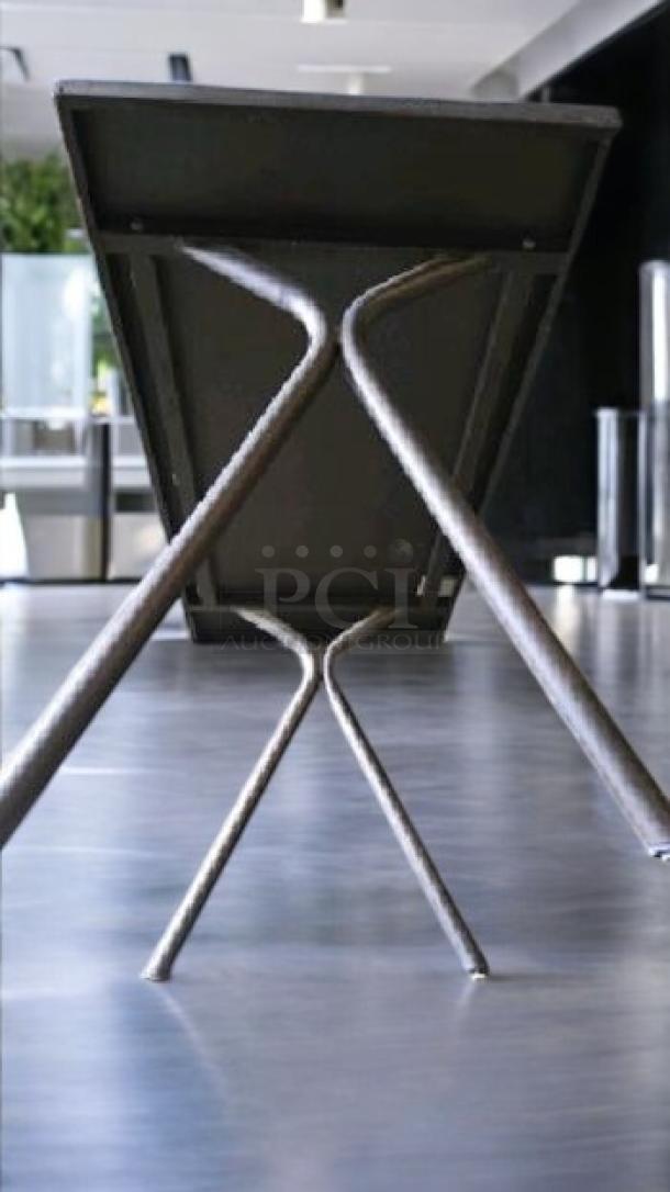 Lot of 8 brown metal patio dining tables, disassembled, heavy-duty, good condition, by Commercial Outdoor Furniture.