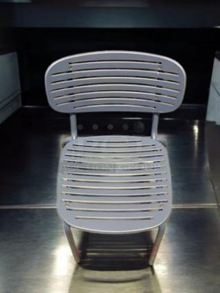 Lot of 7 blue metal patio chairs, modern slatted design, very good condition, Commercial Outdoor Furniture, durable steel.