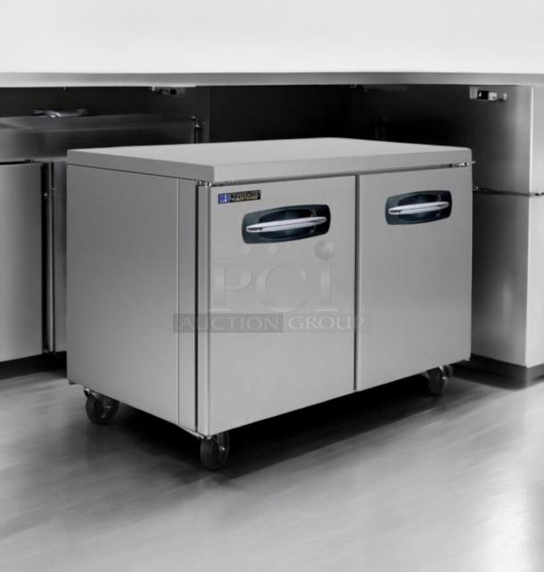 Brand-new Master-Bilt UR48 undercounter freezer, two solid doors, 115V, factory sealed, stainless steel, on casters.