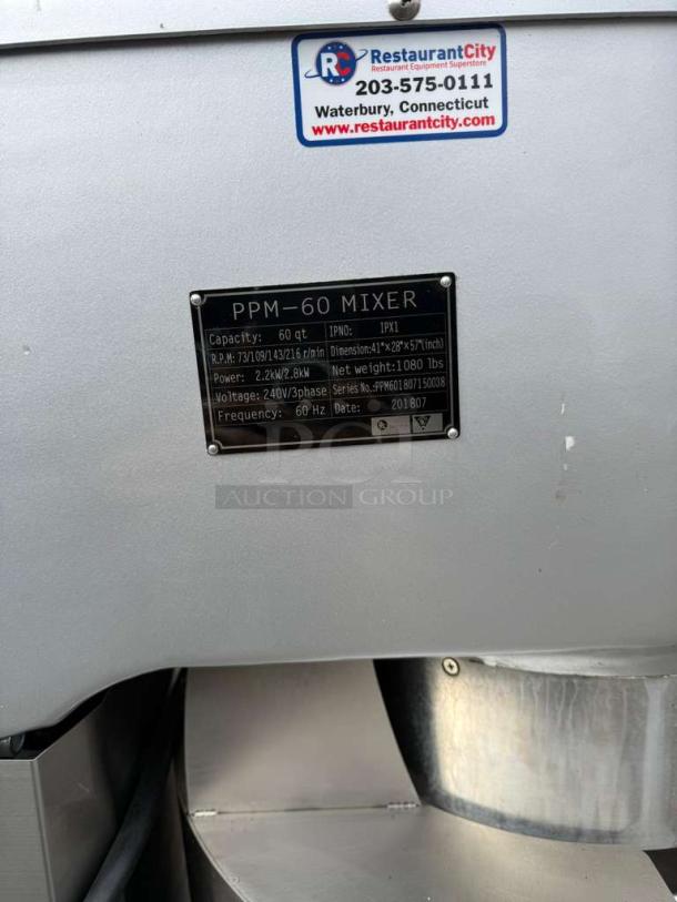 Preppal PPM-60 Mixer, heavy-duty floor model by Atosa. Features 60 qt capacity, 240V, in good condition.
