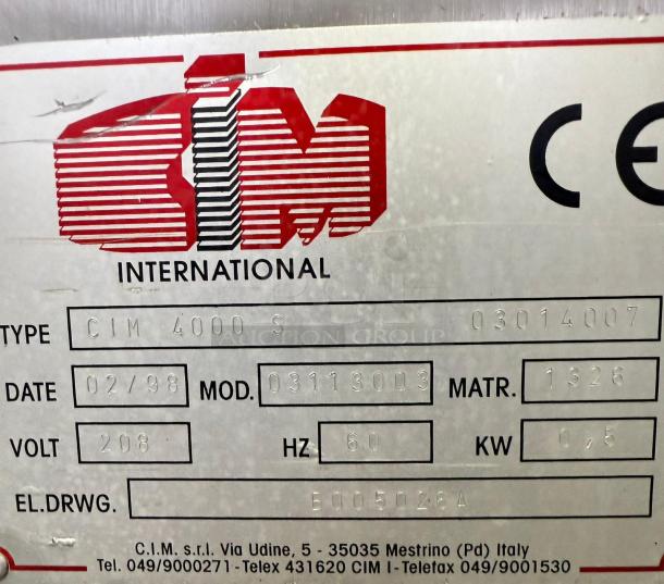 CIM International 4000S Dough Sheeter label showing model, voltage, and production date details.