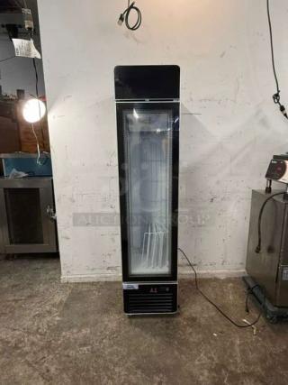 Yukon USF-175BLK commercial single glass door freezer, black, vertical design, visible shelving, in good condition.