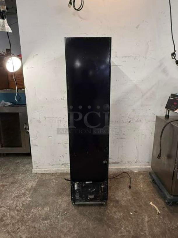 Yukon USF-175BLK commercial single glass door freezer, black, good condition, visible power cord, suitable for retail.