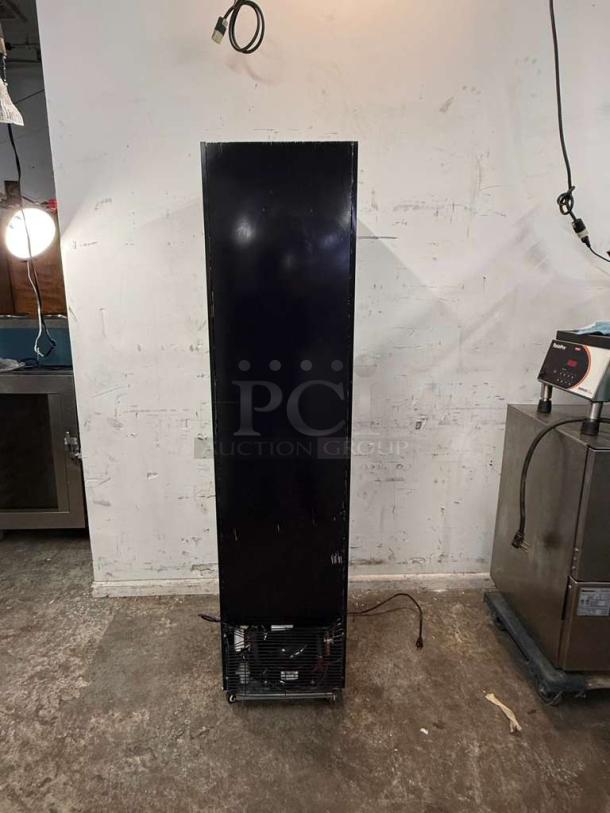 Yukon USF-175BLK Commercial Single Glass Door Freezer, black finish, visible wiring, used condition.