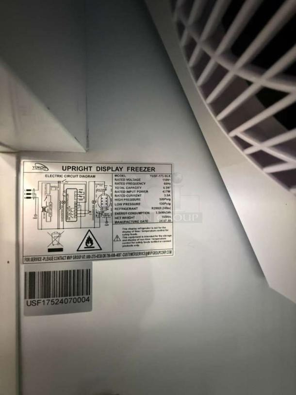 Yukon USF-175BLK commercial freezer label, showing model details like voltage, capacity, and manufacture date.