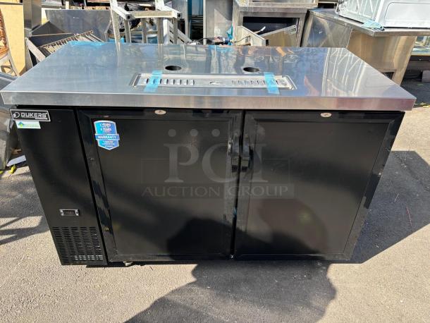 DUKERS DBB60 kegerator bar and beverage cooler, black, stainless top, two doors, visible warranty labels, tested and working.
