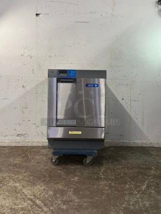 LABCONCO under counter dishwasher, stainless steel, model details on digital display, clean condition, on a movable base.