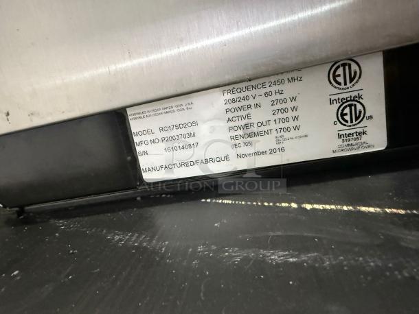 MENUMASTER RC17S2 commercial microwave, stainless steel, 1700W, model number displayed on label with power specifications.