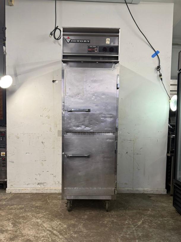 VICTORY Dual Temp Refrigerator/Freezer RFS 1D S7 HD, stainless steel, two-door, on wheels, visible logo and controls.