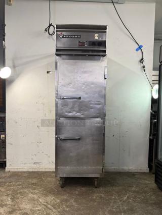 VICTORY Dual Temp Refrigerator/Freezer RFS 1D S7 HD, stainless steel, two-door, on wheels, visible logo and controls.