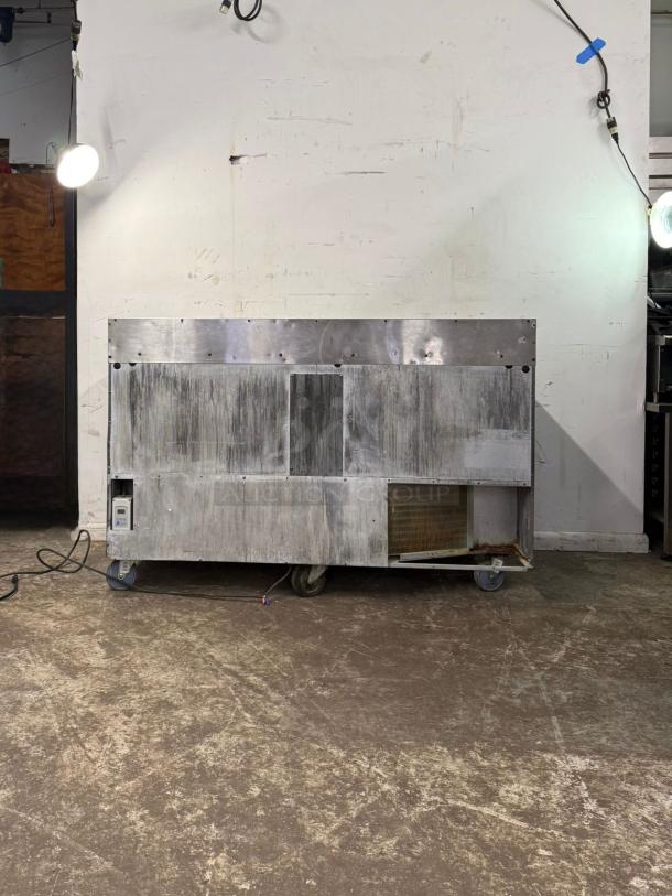 Traulsen UHT60-LR 60" undercounter refrigerator, two sections, two doors, 115v, visible wear, on casters for mobility.