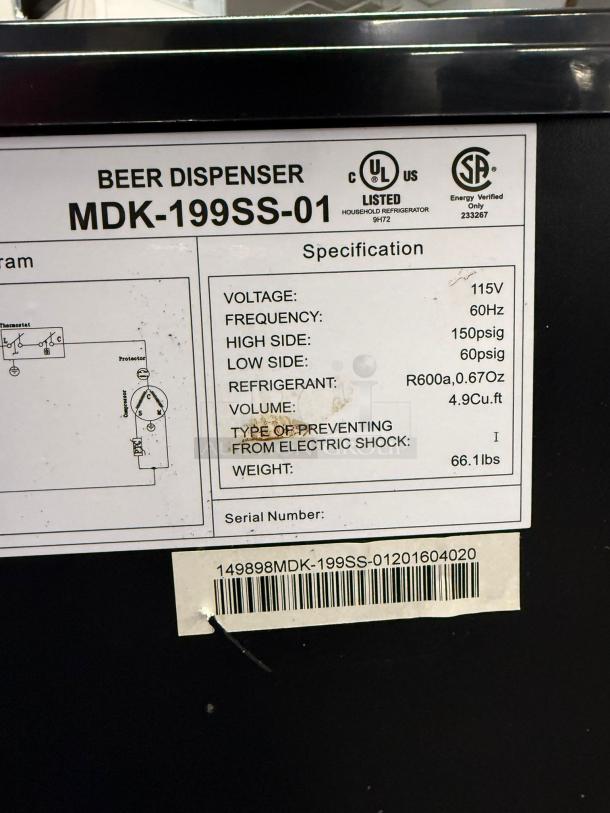 Kegco stainless steel kegerator cabinet, model MDK199SS-01. Spec label: 115V, 60Hz, 4.9 Cu.ft. 66.1 lbs. Serial: 149898MDK-199SS.