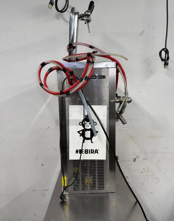 BIRA 91 two-tap kegerator beer dispenser, stainless steel, visible hoses, with BIRA monkey logo. Model: 2 TAP.