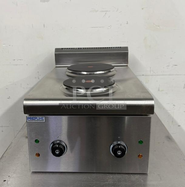 BRAND NEW PREPLINE GS03 countertop 2 burner electric hot plate, 5200W, stainless steel, model label visible.
