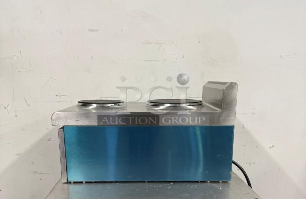 Brand new PREPLINE GS03 countertop 2-burner electric hot plate, 5200W, stainless steel, blue panel, model label visible.