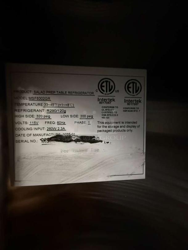 Alt Text: 

Label of Atosa MSF8302GR Sandwich Prep Table showing model, temperature range, refrigerant type, and power specs.