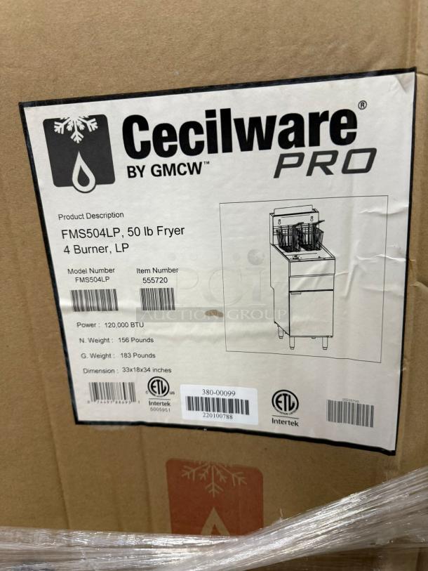 Brand new Cecilware Pro Fryer, model FMS504LP, 50 lb vat, floor model, liquid propane, in box.
