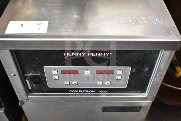 2022 Henny Penny 600 commercial pressure fryer on casters, natural gas, 80,000 BTU, model Computron 1000 control panel.