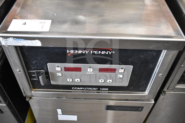 2021 Henny Penny 600 commercial pressure fryer, natural gas, 80,000 BTU, on casters, with control panel and label.