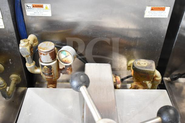 2021 Henny Penny 600 Pressure Fryer, natural gas, commercial casters, 80,000 BTU, visible warnings and gauge condition.